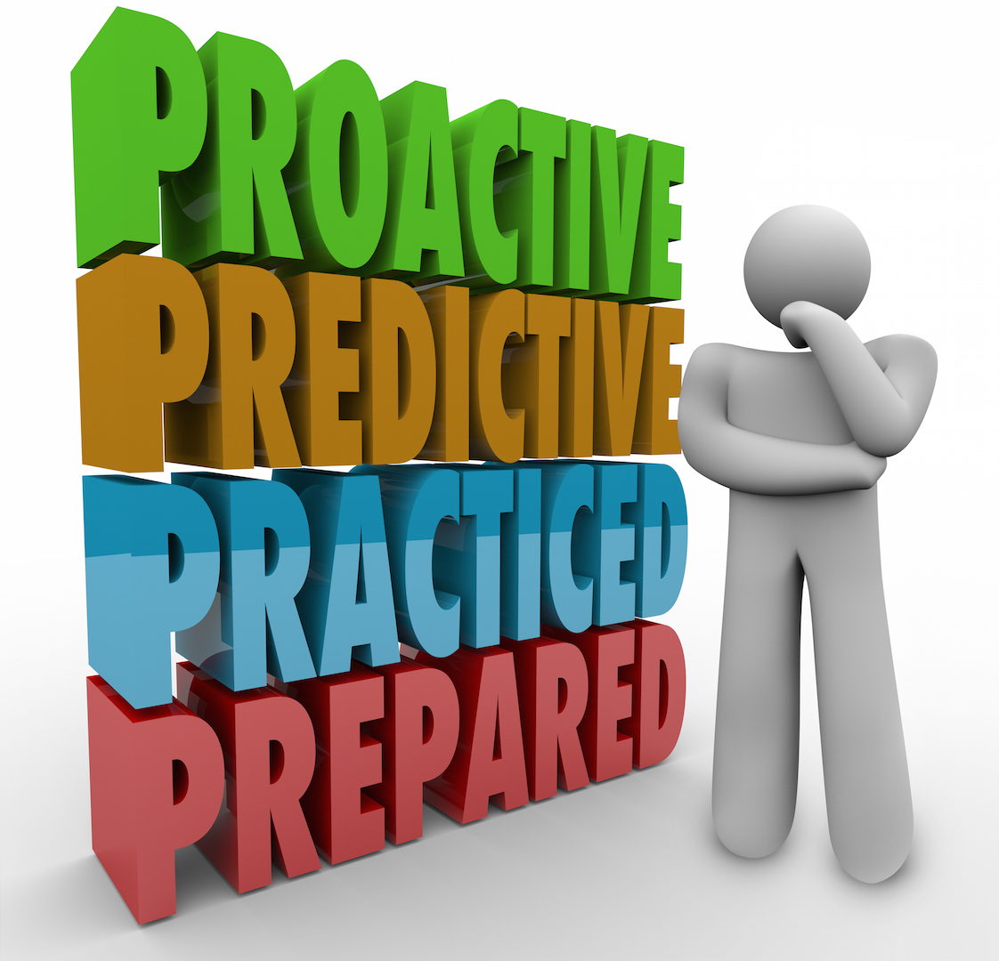 Proactive, predictive, practiced and prepared 3d words next to a thinking person